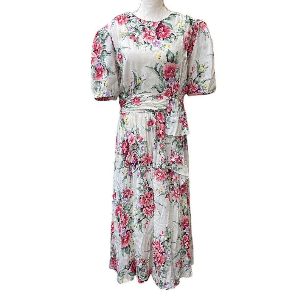 Jane Singer Vintage Floral Dress Maxi Ruffle Size 12 Bias Cut 80s Whimsy Fairy